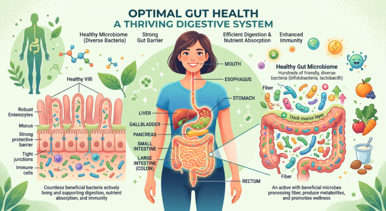Gut Health illustration showing a healthy digestive system